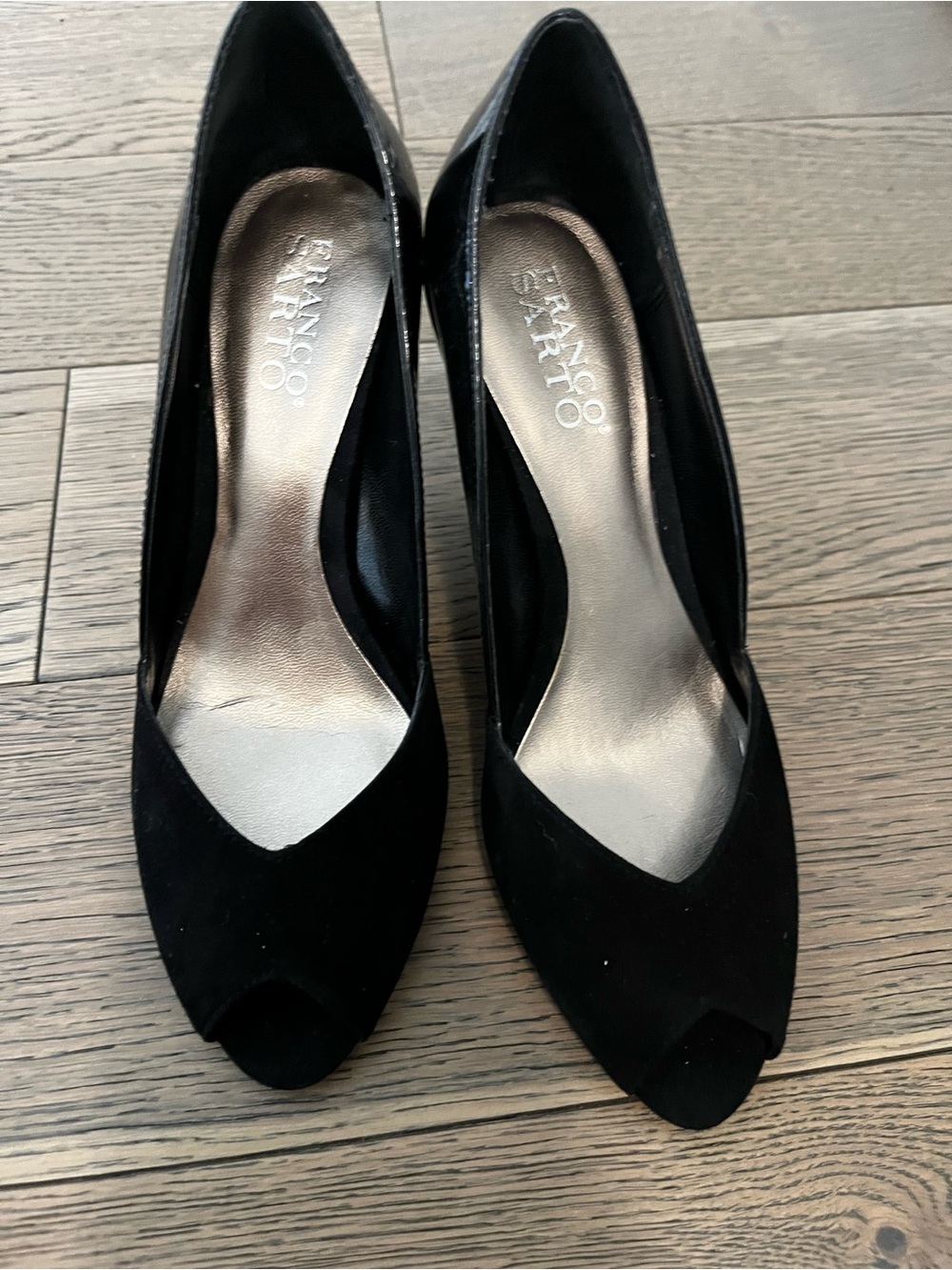 Franco Sarto Black Peep-Toe Suede Heels